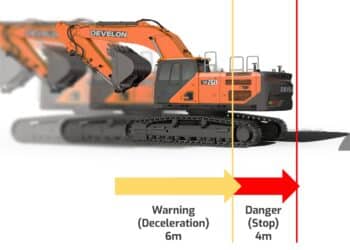 The E-Stop system automatically stops machine movement when a person is detected within a 4-metre safety zone. Image: Develon