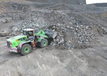 A Liugong 870HE electric loading shovel shifting rock at Holcim's Callow Quarry. Image: Holcim