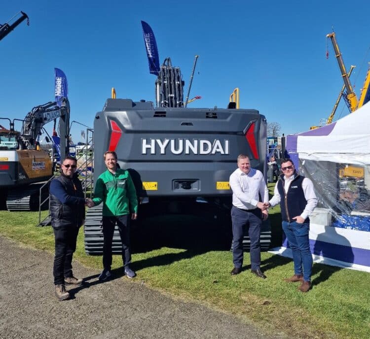 Sealing the deal, (left to right) Alistair Hodge, MD Hodge Plant, Bart van Berkel, Hyundai’s head of network and dealer development, Stephen Cook, Hyundai regional sales manager and Joshua Hodge, operations director at Hodge Plant. Image: Hyundai Construction Equipment